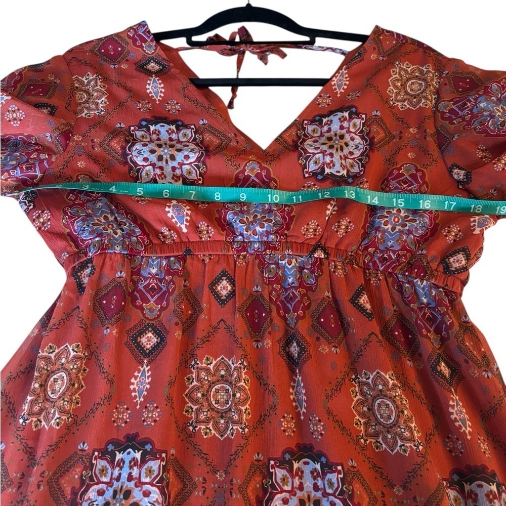 Maurice’s Medallion  Bohemian Rust High Low Patterned Midi Dress size Medium - Picture 9 of 16
